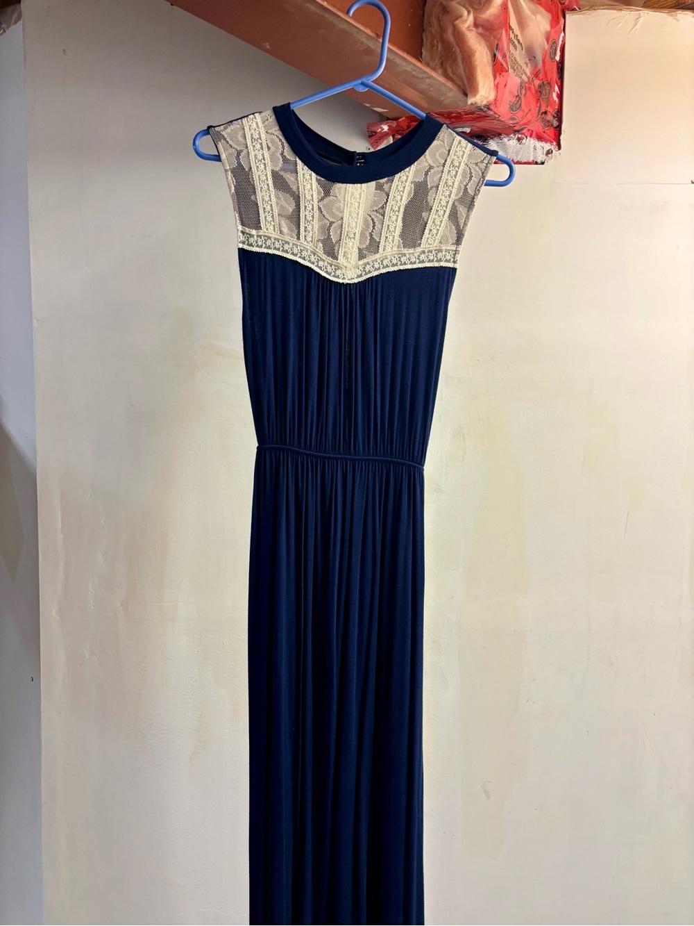 Monteau Navy Maxi Dress with Ivory Lace Details